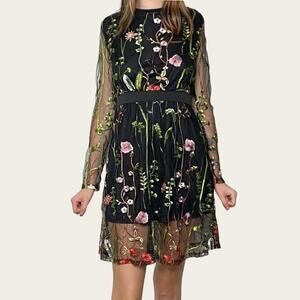 Black Floral Embroidered Botanical Sheer Fairy Grunge Overlay Dress Sz Small